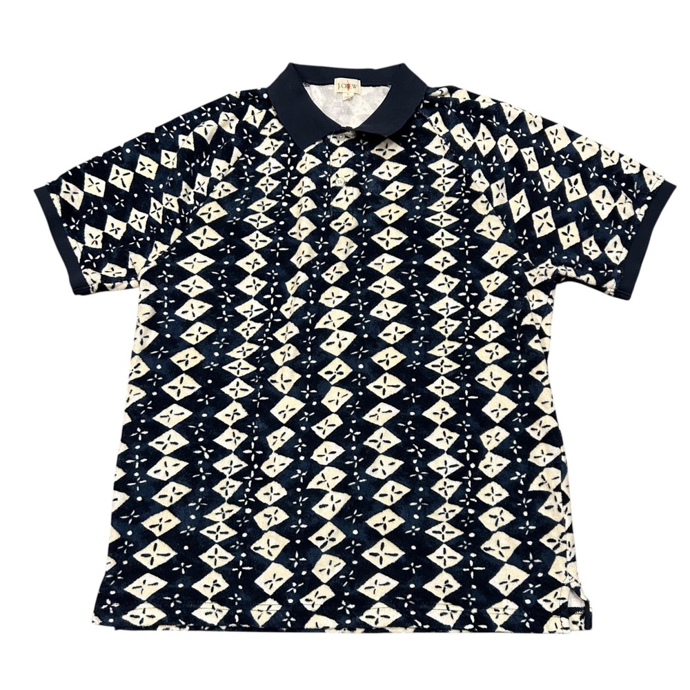 J.Crew Oarsman Mens Terry Cloth Polo Shirt Large Navy Blue Geometric Print B2389